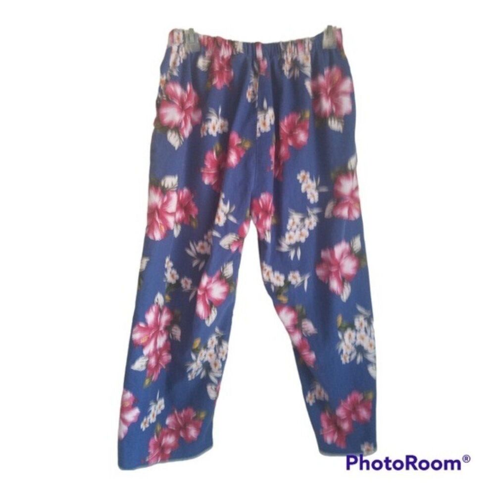 Oleg Cassini Blue Capris with Pink Hibiscus Flowers Size Med - Picture 2 of 7